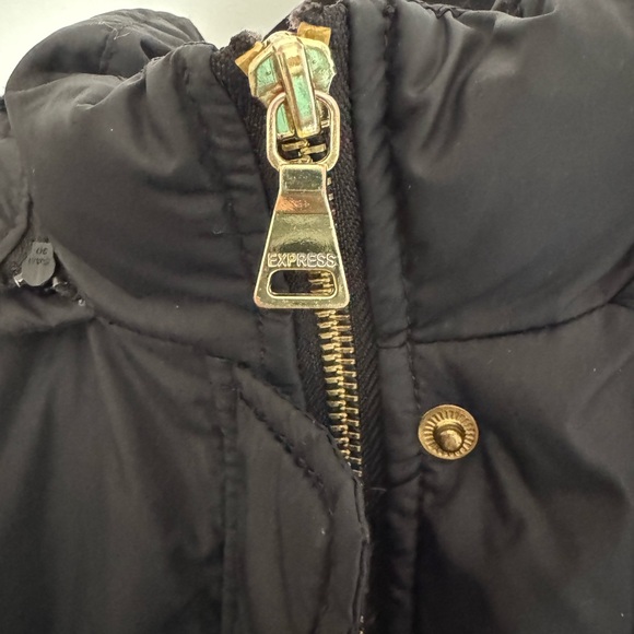 Express Black Puffer Jacket with Gold Accents with Removable hood Size Small - Picture 3 of 8